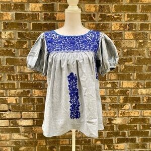 Mi Golondrina Top CAROLINA BLOUSE Blue Puff Sleeve Mexico $265